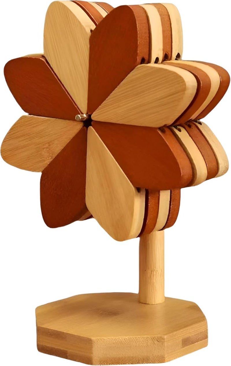 قاعدة أكواب خشبية - قاعدة أكواب خشبية على شكل طاحونة هوائية للأواني الساخنة وأكواب القهوة، مجموعة متينة تتضمن 4 قواعد أكواب وحامل واحد لتزيين المطبخ بأناقة (قطعة واحدة)